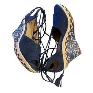 Cabi Isla Suede Wedge Espadrille Tasseled Ankle Tie Boho Navy Sandals Size 7.5